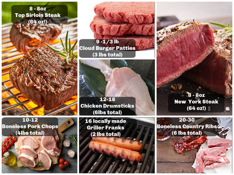 29 lbs of BBQ Favorites Bundle: Steak, Pork, Chicken, Burgers, Hot Dogs (7 Cuts of Meats and 128 ozs. of STEAK)