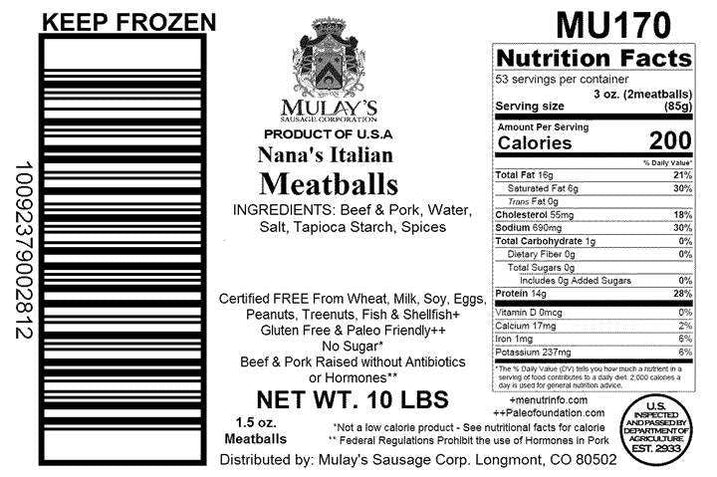 10 lb Case of Mulay's Nana's Italian Meatballs (Clean Heritage Pork, Free From Top 8 Allergens)